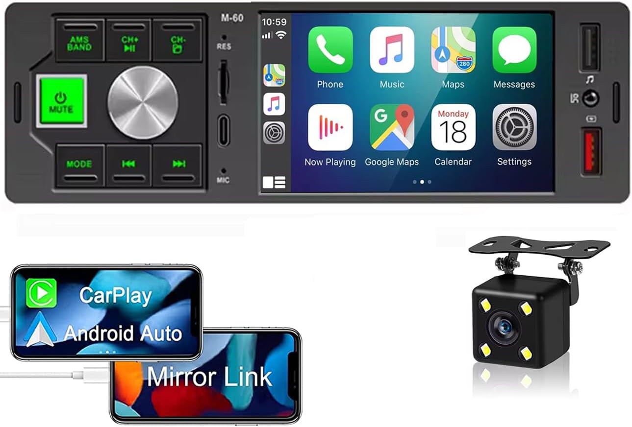 Car Radio Carplay Android Auto Player Autoradio 1 Din 12v 4.1 inch Touch Screen Auto Audio Mirror Link Bluetooth USB Type C Charging Port TF Port Rear View Camera Car Stereo