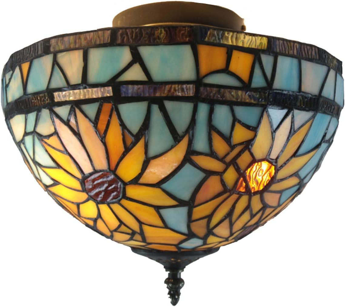 errzom Tiffany Style Sunflower Ceiling Lights, 12-Inch Pastoral Handmade Stained Glass Ceiling Lamp Lighting Fixture for Bedroom Living Room Cafe, E27