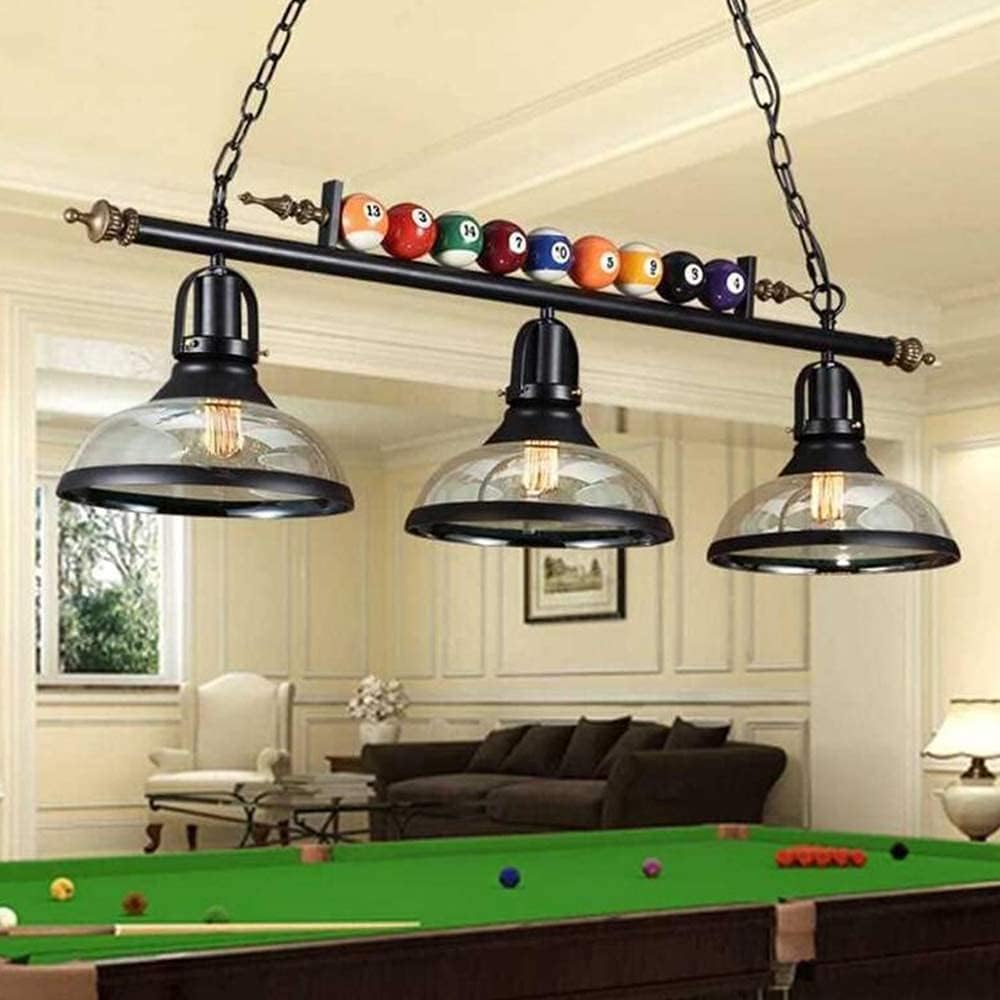 Billiard Pool Table Light Fixture, 3-Light Industrial Bar Island Chandelier, Vintage Black Metal Hanging Lamp with Glass Shades & Billiard Balls Decor, Adjustable for Game Room Dining Room Cafe
