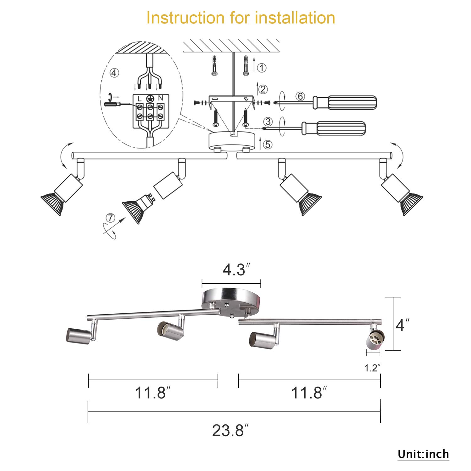 Kit de iluminación regulable ajustable de 4 luces, brazos plegables flexibles, cocina de níquel satinado, accesorio de iluminación de habitación de dormitorio, bombillas de base GU10 no incluidas 5