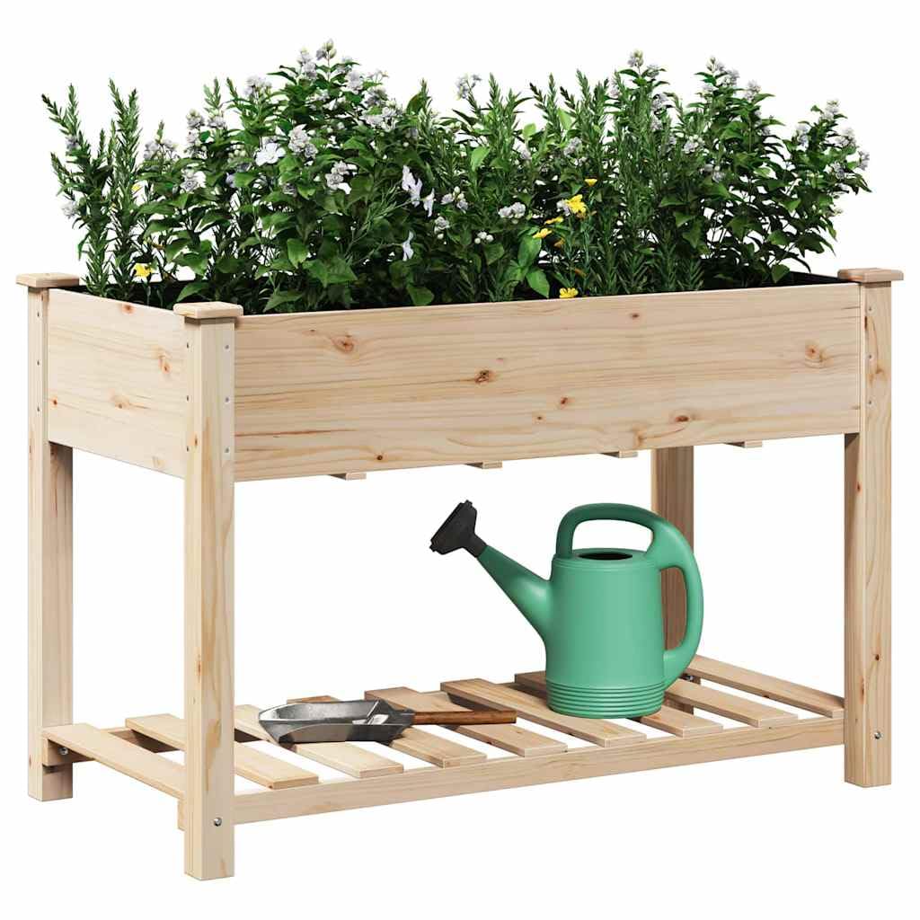 Jardinera de madera con práctica superficie de almacenamiento, jardinera para jardín y terraza, jardinera estable de madera maciza, para exteriores, color beige, 115 x 59 x 76,5 cm