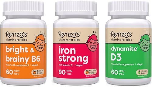 Renzo's Paquete de vitaminas Mighty Kid: suplementos de hierro para niños, vitamina D3 para niños y vitamina B6 brillante y cerebral