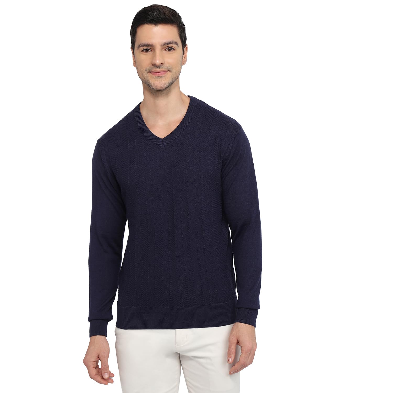 Men Regular Fit Structure Pattern Acrylic Wool Blend Full Sleeve V Neck Casual Sweater Blue-image-38