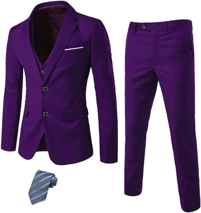 YND Men's Slim Fit 2 Button 3 Piece Suit Set, Solid Blazer Jacket Vest Pants & Tie