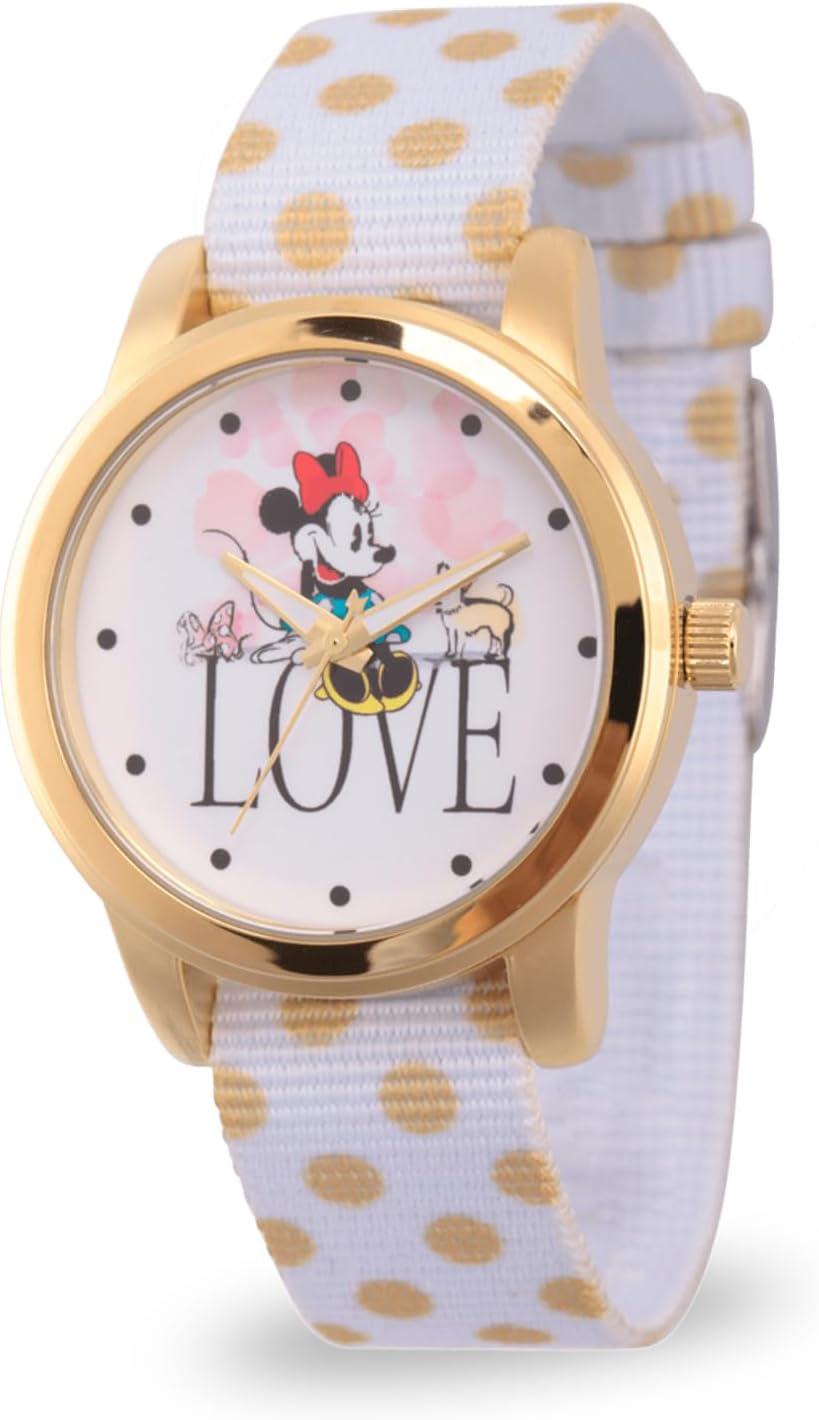 Disney Minnie Mouse Watch for Women - Stylish Minnie Watches for Women, Perfect Mouse Watch, Elegant 's Watches, Trendy - White and Gold Nylon Strap, Gold Case