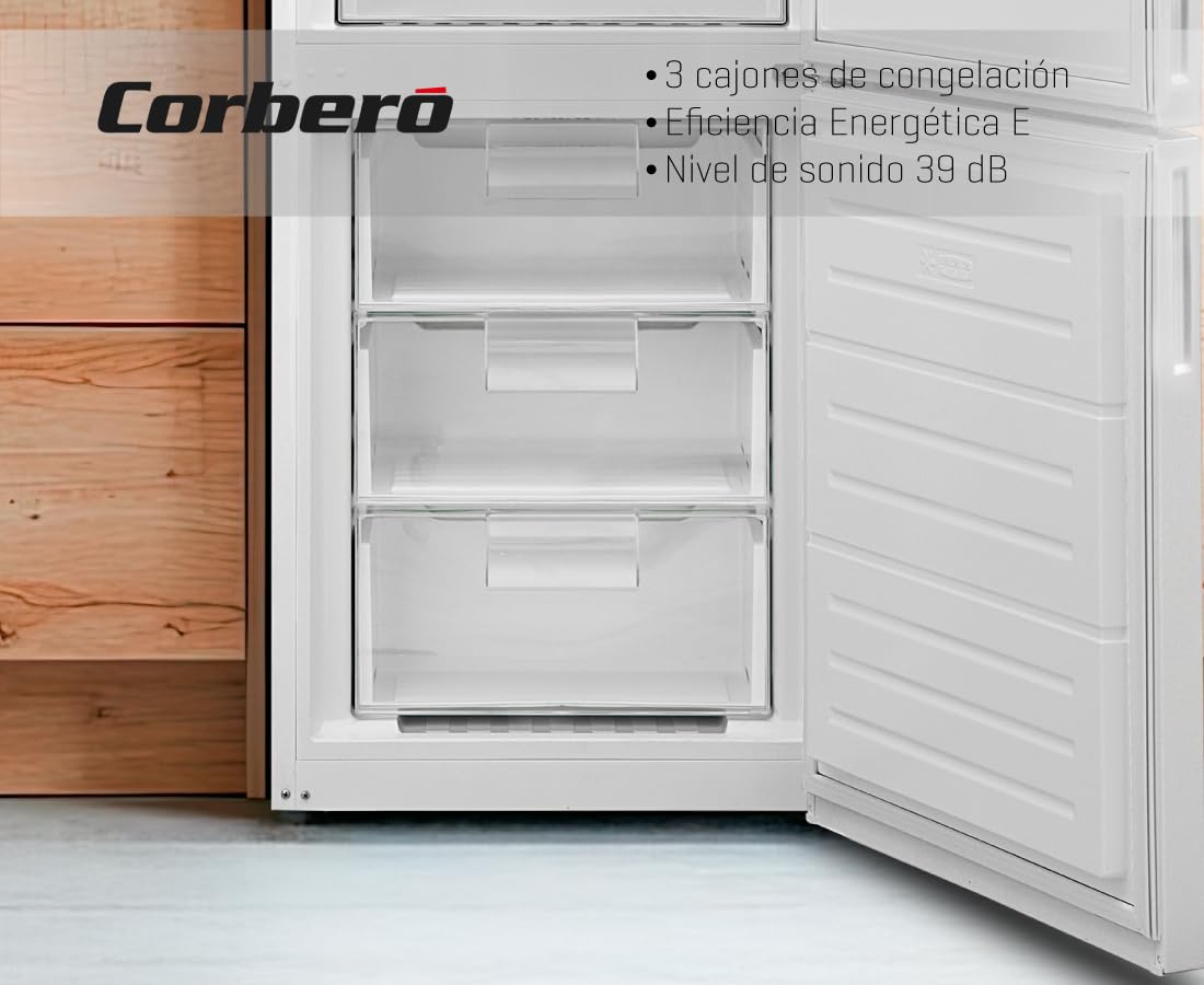 Corberó - Frigorífico Combi | CC200V24NFW | 327L | 60x59,5x201 | No Frost, Luz LED, Crisper, Balcones Ajustables, Estantes de Cristal, Huevera | 39 Db | Blanco
