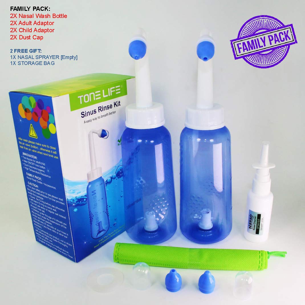 2PCSPack Sinus Rinse Bottle with 4 Sprayer + 1 Moisturizing Nasal Pump