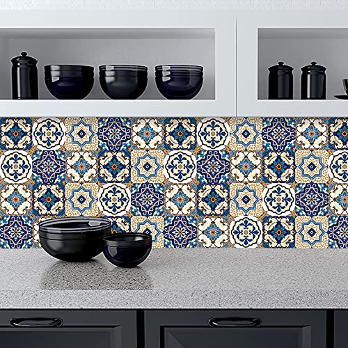 Kakofaci Bohemian Style 12 Pcs (6X6 In) Decorative Tile Stickers,Peel And Stick Wallcovering Self-Adhesive Waterproof Vinyl Tile Stickers For Kitchen Living Room Floor（Blue） #TOP1