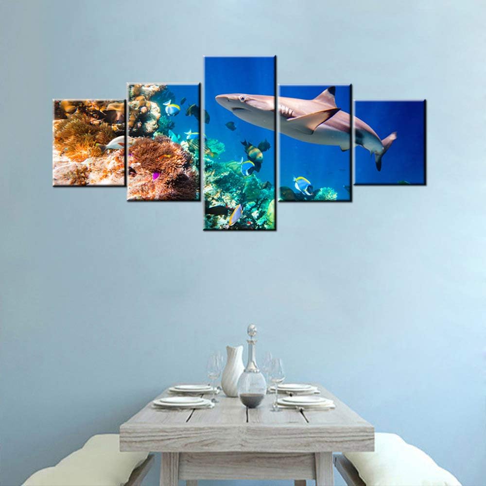 House Decorations Living Room Sharks and Many Small Fishes Pictures Blue Undersea Paintings 5 Panel Coral Canvas Wall Art Seascape Artwork Framed Giclee Ready to Hang Poster and Prints(50''Wx24''H) 50WX24H Artwork-29