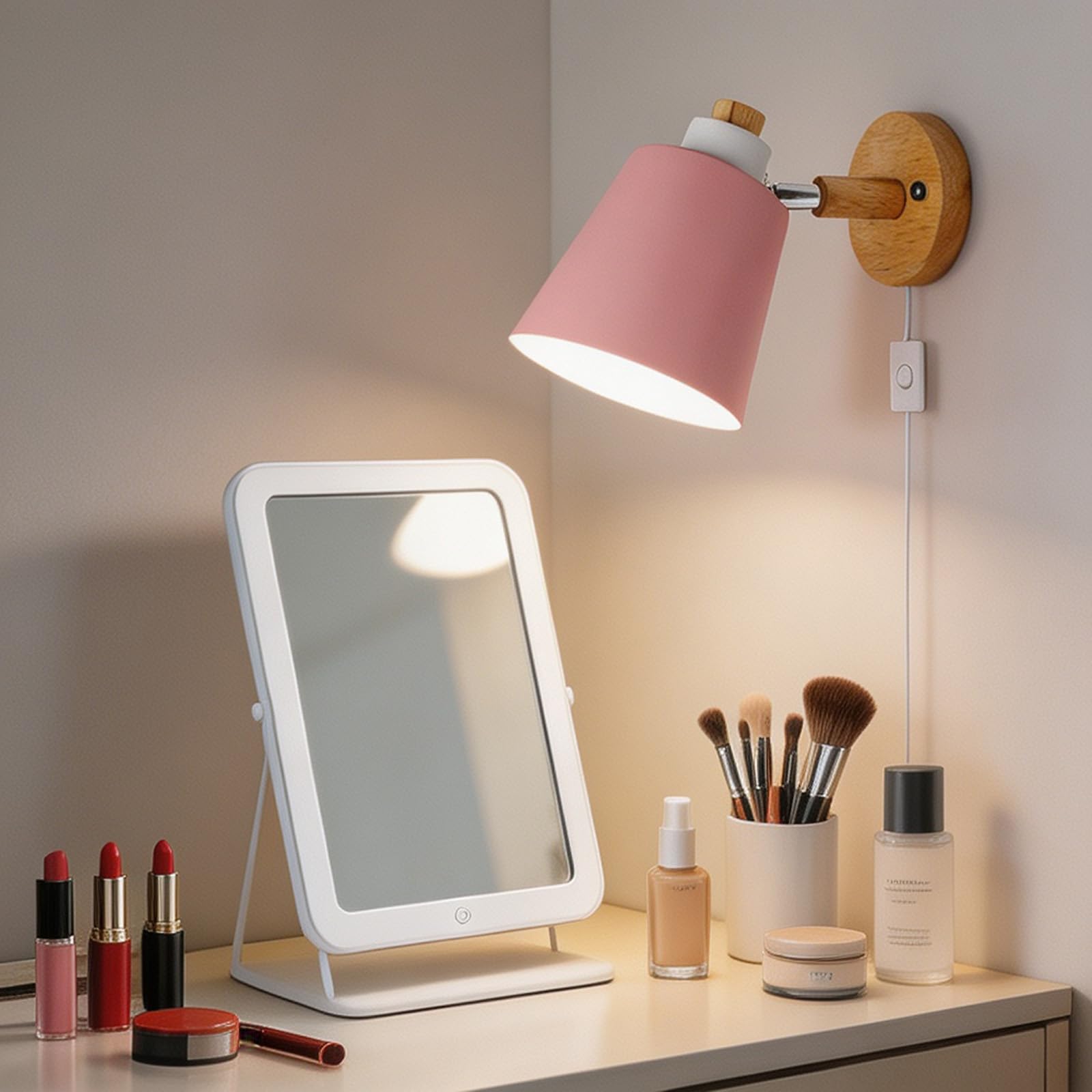 Aplique de pared madera E27 rosa con interruptor ajustable para dormitorio 8