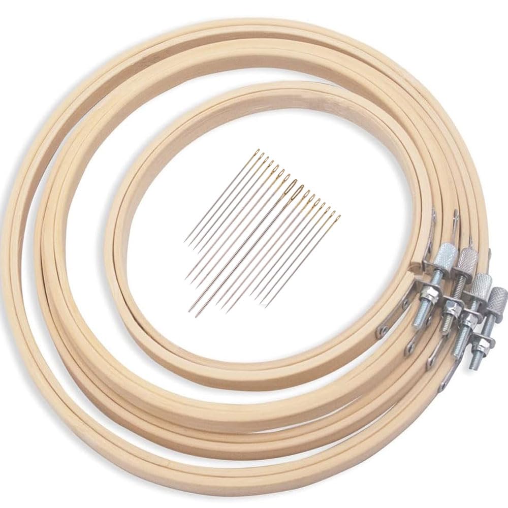 Ariati Beige 4Pcs Sizes Round Bamboo Embroidery Hoop Set Circle Cross Stitch Hoops With Gold Eye Needles For Craft Sewing Size 4