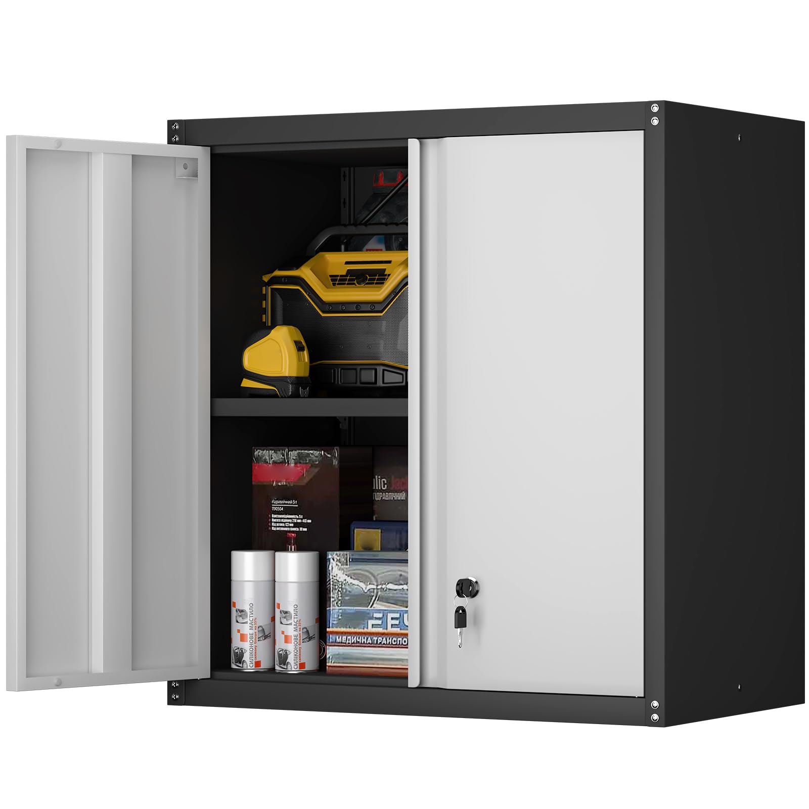 STEELIST Metal Wall Cabinet, Garage Cabinets Wall Mounted, Locking Storage Cabinet with Adjustable Shelves, Wall Mount Steel Cabinet with Doors, Floating Cabinet for Home Office, Utility Room