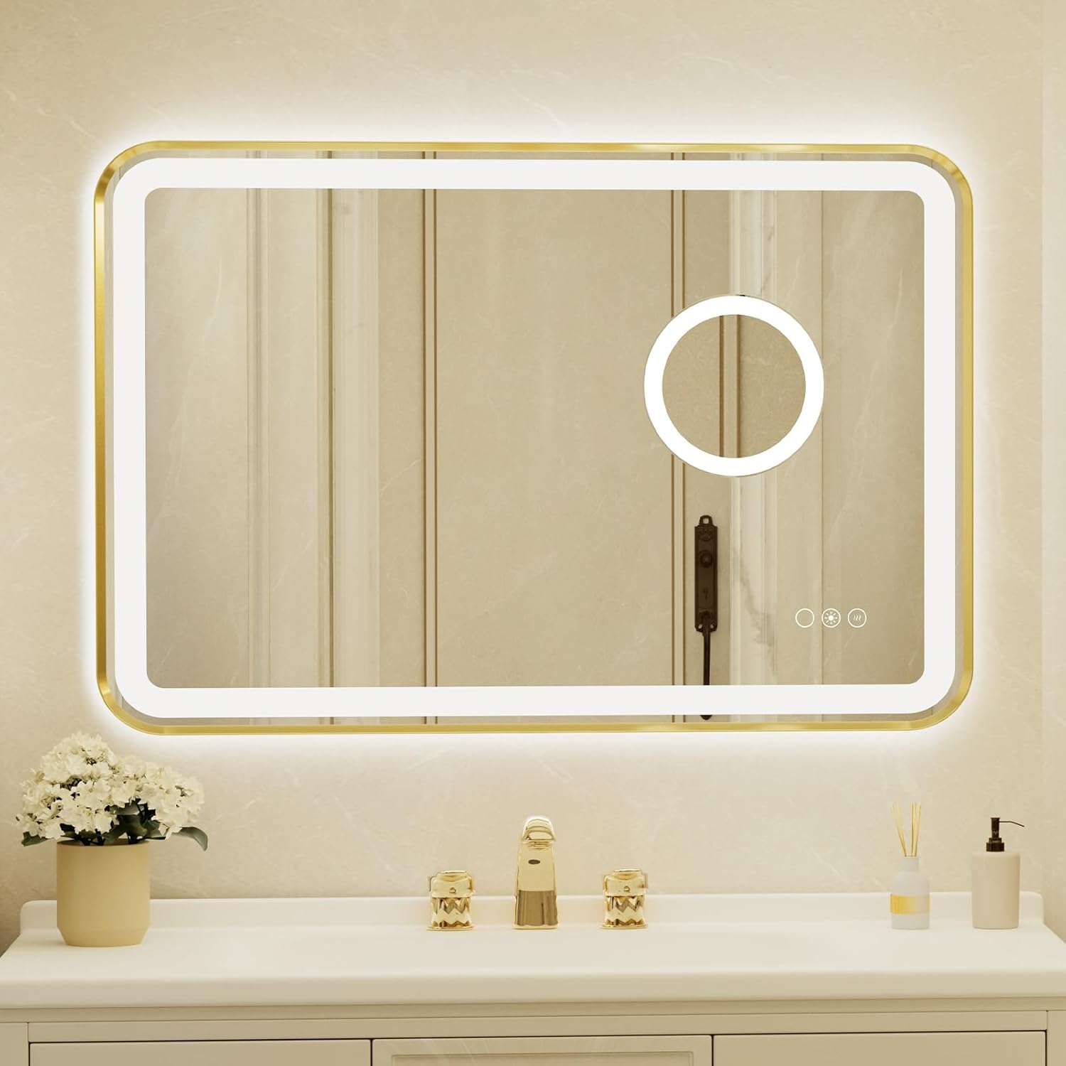 24x36 Inch Gold Framed LED Bathroom Mirror with Lights,Magnifying Tempered Glass,Dimmable Lighted Bathroom Vanity Mirror with 3 Colors, Backlit + Frontlit, Anti-Fog
