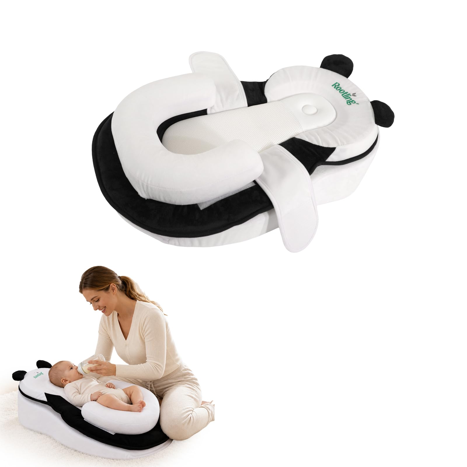 Rootling Baby Feeding Pillow, Anti Overflow Feeding Pillow for Reducing Spit-Up, Safety Nursing Pillow, Baby Lounger Reflux Wedge Breastfeeding, Removable top and Bottom (Gray, Small) (Black, Small)