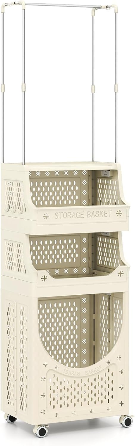 GIANTEX Cesto Ropa Sucia con Ruedas, Cesta de Lavandería Plegable con Copartimentos Abiertos, 6 Ganchos, Carrito de Almacenamiento para Baño, Dormitorio (81 L+Barra)