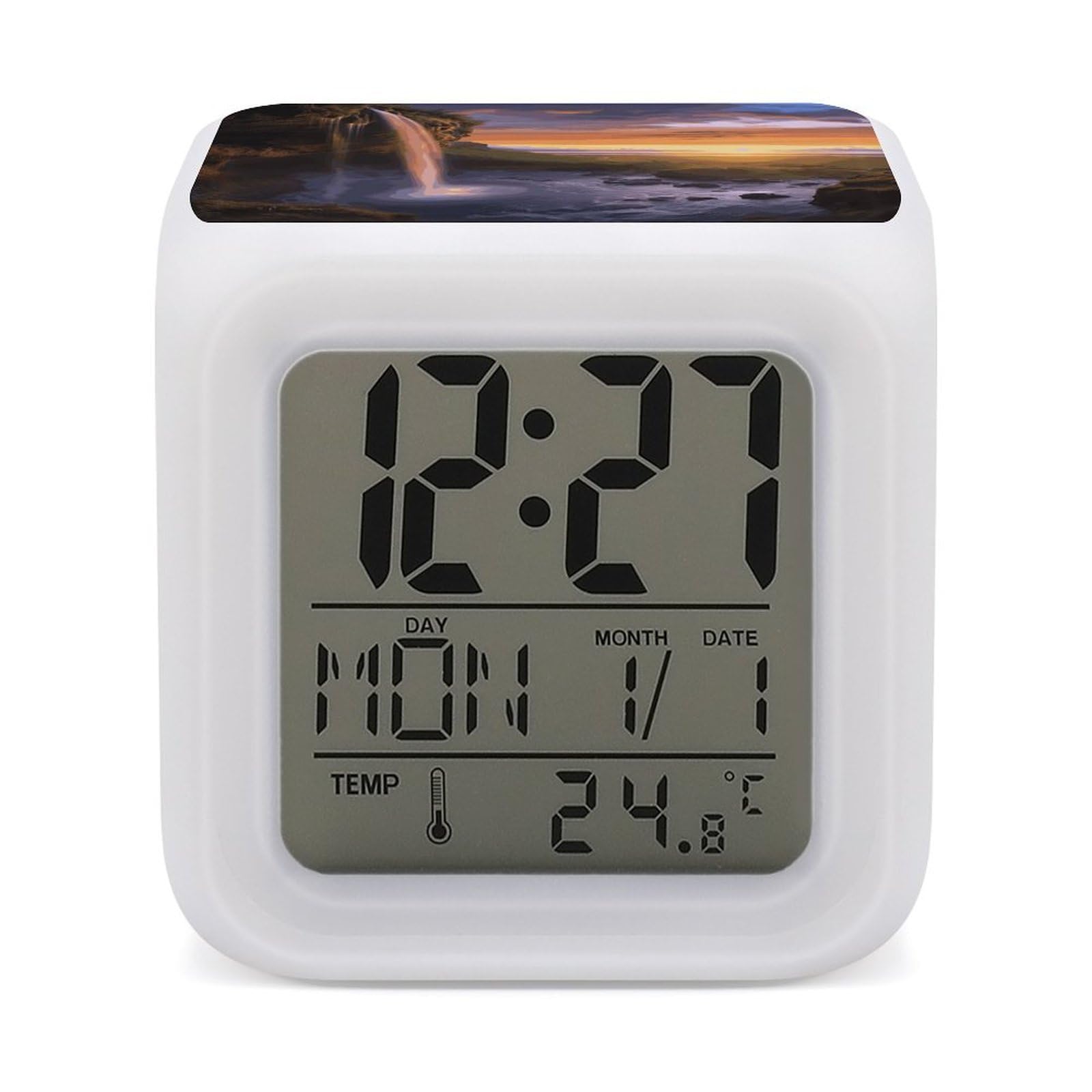 VstaDank Waterfall at Sunset Alarm Clock with 7 Color Changing Night Light Date Temp Display Wake Clocks LED Display Digital Clock Electric Desk Clocks for Living Office Bedroom Decor