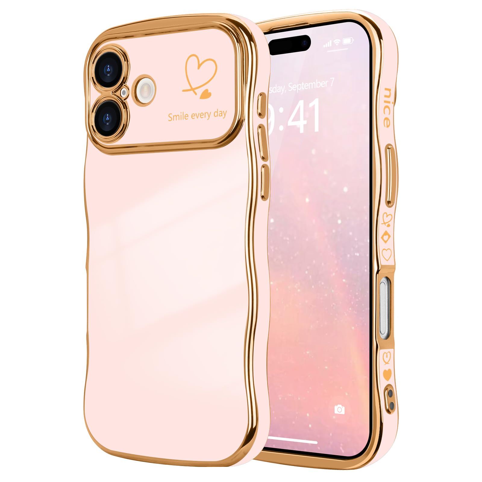 LCHULLE iPhone 17 用 ケース ウェーブ TPUカバー おしゃれ 滑り止め 韓国 可愛い 薄型 軽量 耐衝撃 女の子 人気 レンズを保護 ハート柄 ワイヤレス充電対応 ストラップホール付き アイフォン 17 用 スマホケース (ライトピンク)
