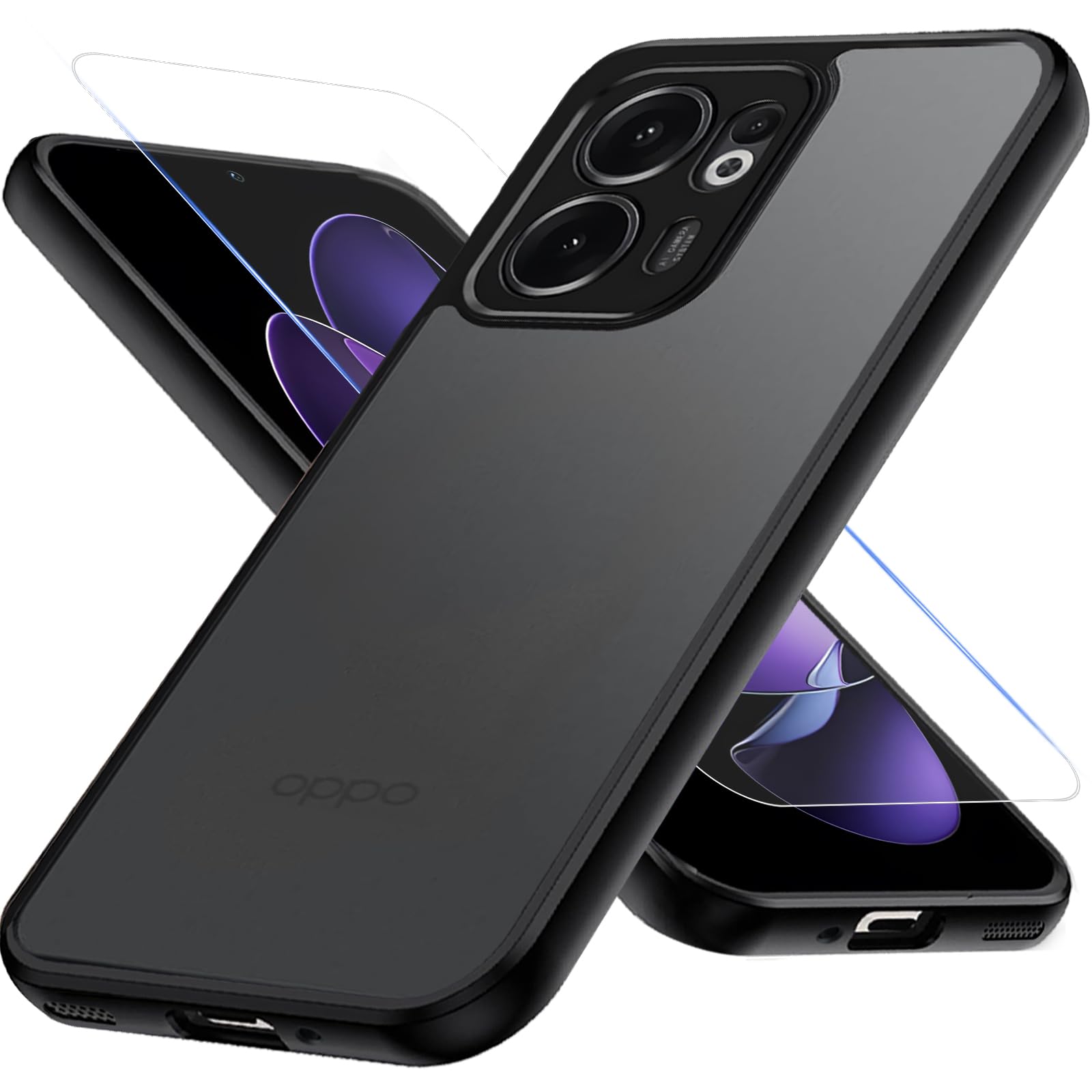 OPPO Reno13A ケース ガラスフィルム付き oppo Reno 13a 5Gカバー TPUフレーム + PCバックパネル 2重構造マット半透明 黄ばみなし 米軍MIL規格 耐衝撃 レンズ保護 ストラップホール付き Reno 13A カバー ブラック