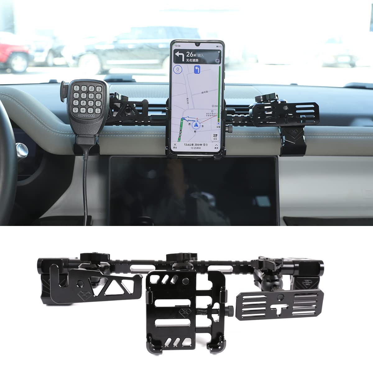 Uchwyt samochodowy na telefon komórkowy, uchwyt na telefon komórkowy z wentylacją, uchwyt Walkie-Talkie, do Land Rover Defender 90 110 130 2020-2022 stop aluminium czarny