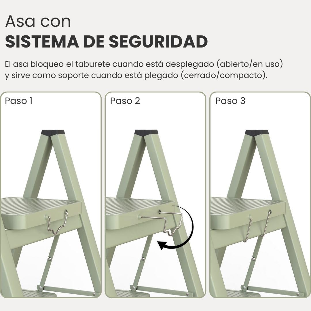 Vigar Escalera Plegable - 2 Peldaños de Acero, Taburete Plegable Portatil Antideslizante con Asa Metal, Taburete Escalera Banquito Step Stool hasta 150 kg, Compacto Ligero para Cocina Hogar - Verde