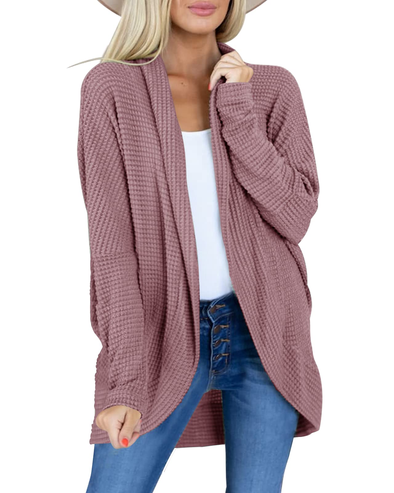 Womens Kimono Open Front Cardigans Batwing Sleeve Shawl Collared Lightweight Cape Waffle Knit Slouchy Cloak