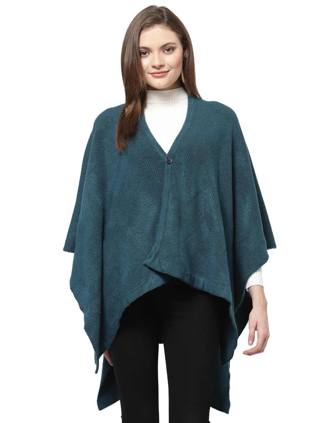 513 Women Girls Acrylic Winter Wear Solid Knitted Open Front Poncho Shrug,Teal-picture-35