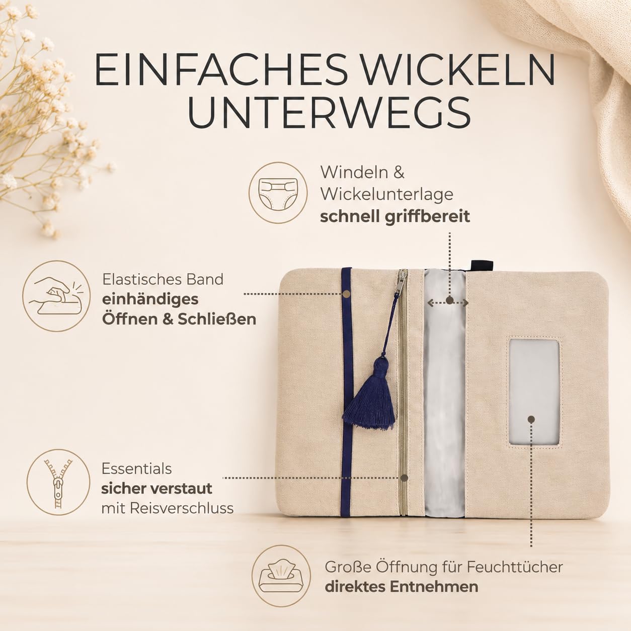 Karolini® Windeltasche Organizer Dunkelblau für unterwegs – kompakte Wickeltasche aus Cord (Bio Baumwolle GOTS) mit Feuchttuchfach, für Handtasche & Kinderwagen