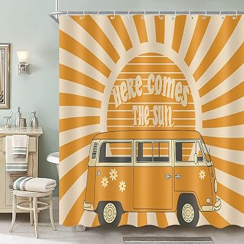 72x72 Hippie Retro Sun Sunshine Shower Curtain, Boho Vintage Bathroom Decor