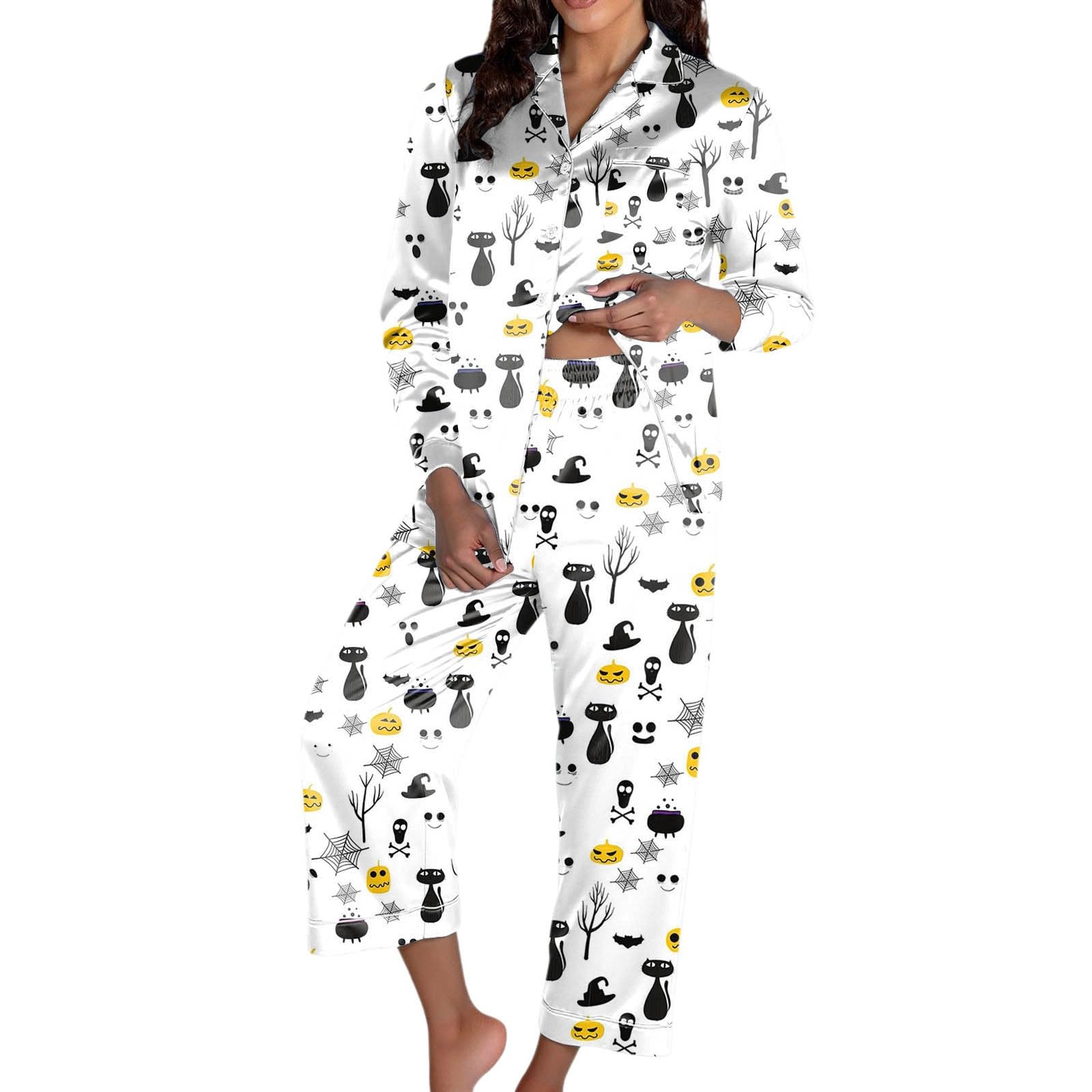 Genérico Pijamas Halloween Mujer - Conjunto de Pijama para Mujer con temática de Halloween Conjunto de Pantalones de Manga Larga Ropa Suave y cómoda para Noches acogedoras y relajación
