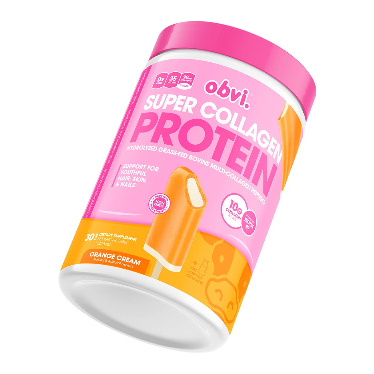 ObviCollagen Peptides, Protein Powder, Keto, Gluten and Dairy Free, Hydrolyzed Grass-Fed Bovine Collagen Peptides, Supports Gut Health, Healthy Hair, Skin, Nails (30 Servings) (Orange Cream)