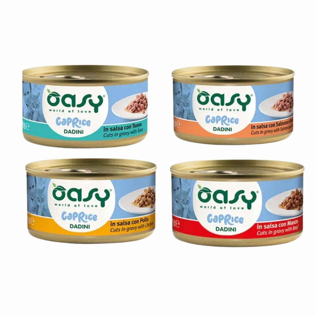 Oasy Caprice dadini per gatti adulti e cuccioli di tutte le taglie GUSTI ASSORTITI | 24 scatolette da 85 grammi l'una.