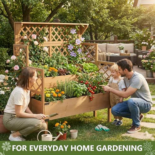 Image of Raised Garden Bed with Trellis, 2-Tier Elevated Planter Box, Wooden Outdoor Planter for Vegetables Herbs Flowers, Lattice Back for Climbing Plants, Modern Minimal Design for Patio Balcony Backyard