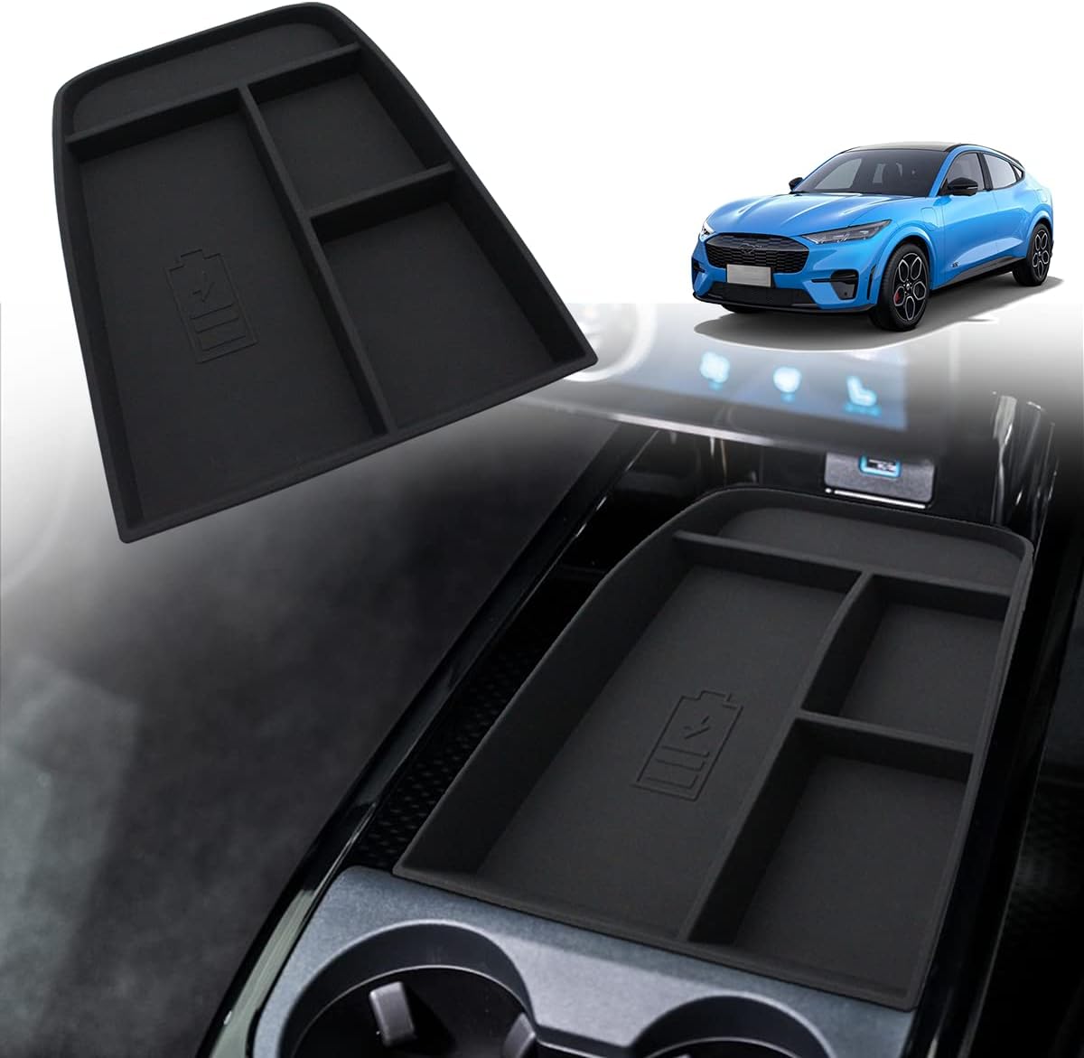 BestEvMod for Mustang Mach E Center Console Organizer with Phone Charge Area, Mobile Charge Area Tray, Center Console Storage Box for Mach E 2021-2024 Interior Accessories (Black)