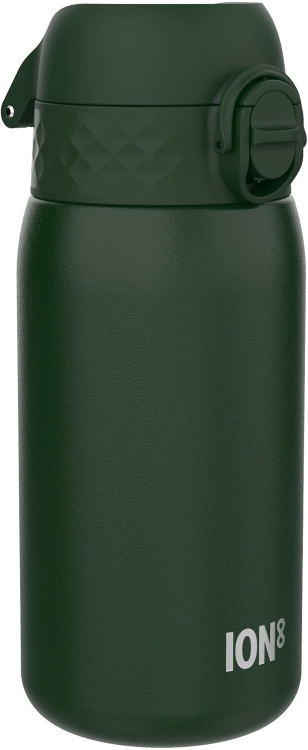 Ion8 Insulated Steel Water Bottle, 320 ml/11 oz, Leak Proof, Easy to Open, Secure Lock, Dishwasher Safe, Carry Handle, Hygienic Flip Cover, Metal Water Bottle, Durable Stainless Steel, Dark Green
