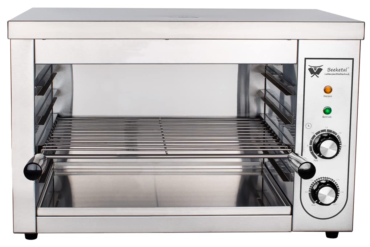 Beeketal 'BSP-2' Profi Gastro Salamander Grill Überbackgerät aus Edelstahl mit 1 Gitter (4 Höhen), 5-30 Minuten Timer, Thermostat 50-300 °C (direkt an der Heizspirale), extra Krümelschublade