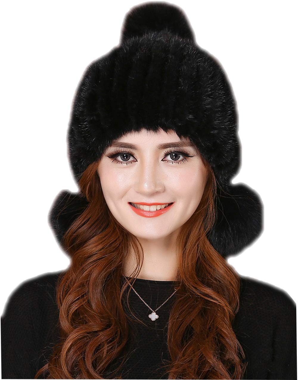 Women's Real Mink Fur Hat Elastic Knitted with Real Fox Fur Balls Winter Warm Pompom