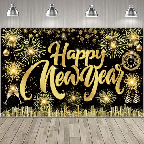 Famoby Happy New Year Fabric Sign Poster Banner Backdrop with Pattern Firework Champagne for Photo Booth Background New Year Party Decorations Supplies