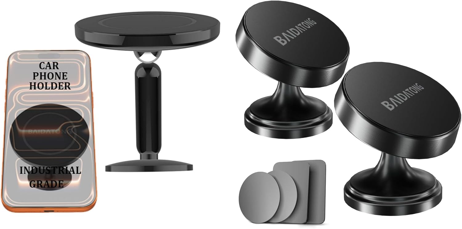 Magnetic Phone Mount & Metal Plates Set – 2-Pack Magnetic Car Phone Holder + 8-Pack Strong Metal Plates for iPhone, Samsung, and More – Universal Dashboard & Air Vent Mount for Smartphones – Secure, D