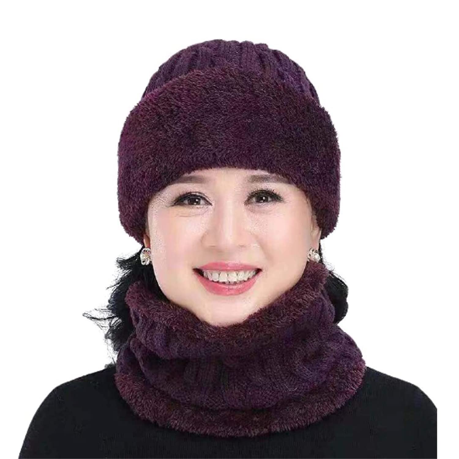 Gorro de Lana de Invierno con Forro Polar para Mujer, Conjunto de Bufanda de Punto, máscara, cálido, Suave y Holgado (Talla única)