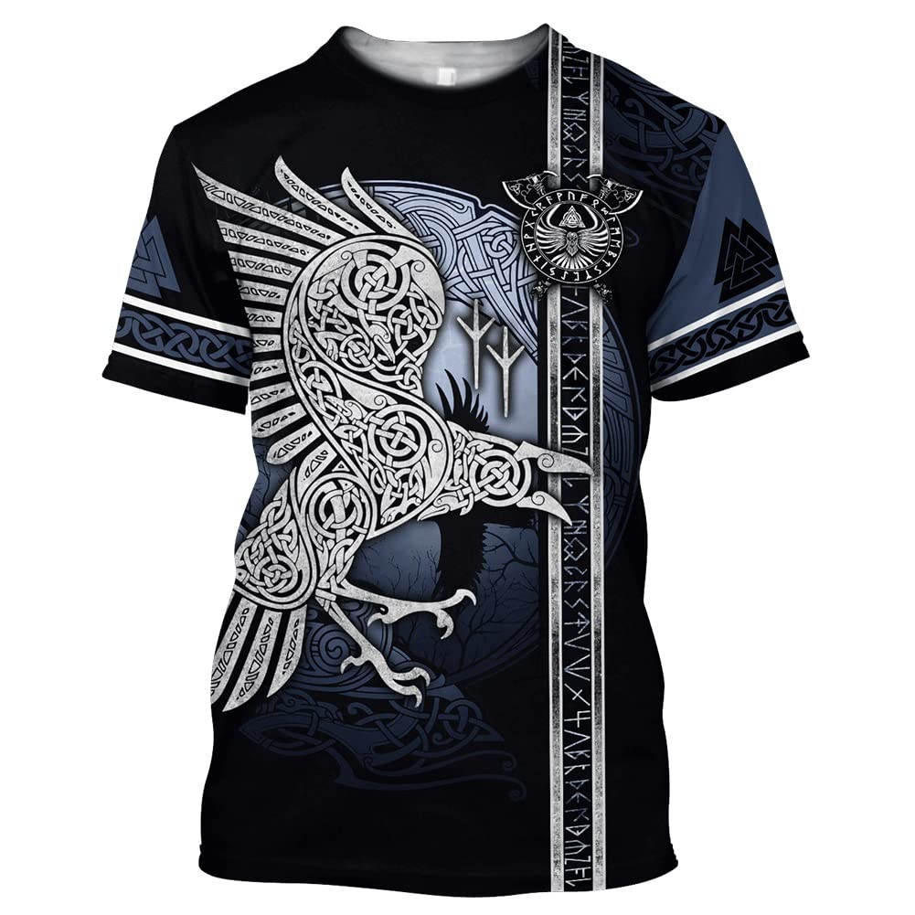 Dfwy Unisex Crow A Men's Viking Celtic Crow T-Shirt Tops, Norse Myth Odin Raven Tattoo Tee 3D Print Novelty Harajuku Short Sleeve