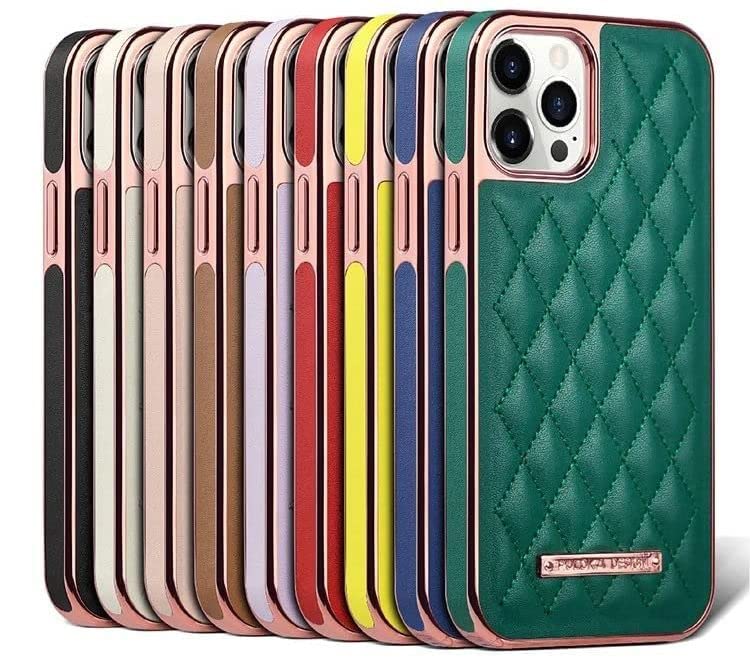 Image of PULOKA iPhone 12 /12 Pro Electroplated Leather Case Royal Diamond Design Back Cover for Apple iPhone 12 /12 Pro 6.1 inchinch - Brown