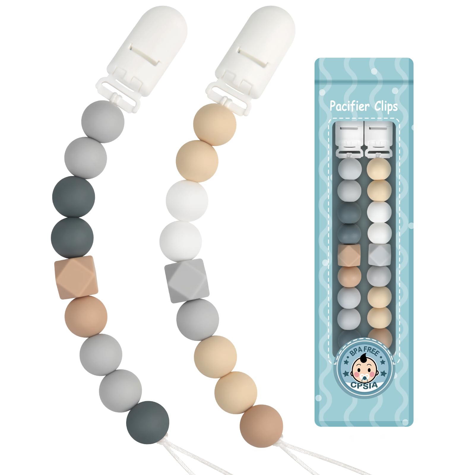 Kowlone Silicone Pacifier Holder Chain Pacifier Clips Pacifier Chain for Boys Girls Gift Birth Christening Baby Birthday Christmas 2pcs (Beige, Grey)