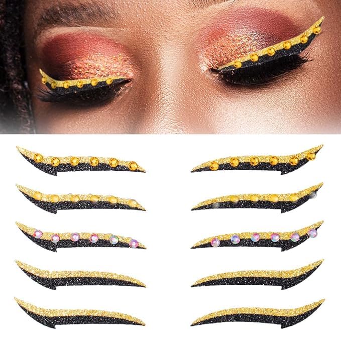Eyeliner Sticker 5 Pares con Brillo y Strass Color Dorado miniatura 1