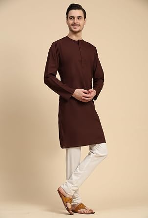 SKAVIJ Men's Pure Cotton Solid Kurta Pajama Set Round Neck Daily Wear Casual Yoga Dress (KP096brown_Brown_S)
