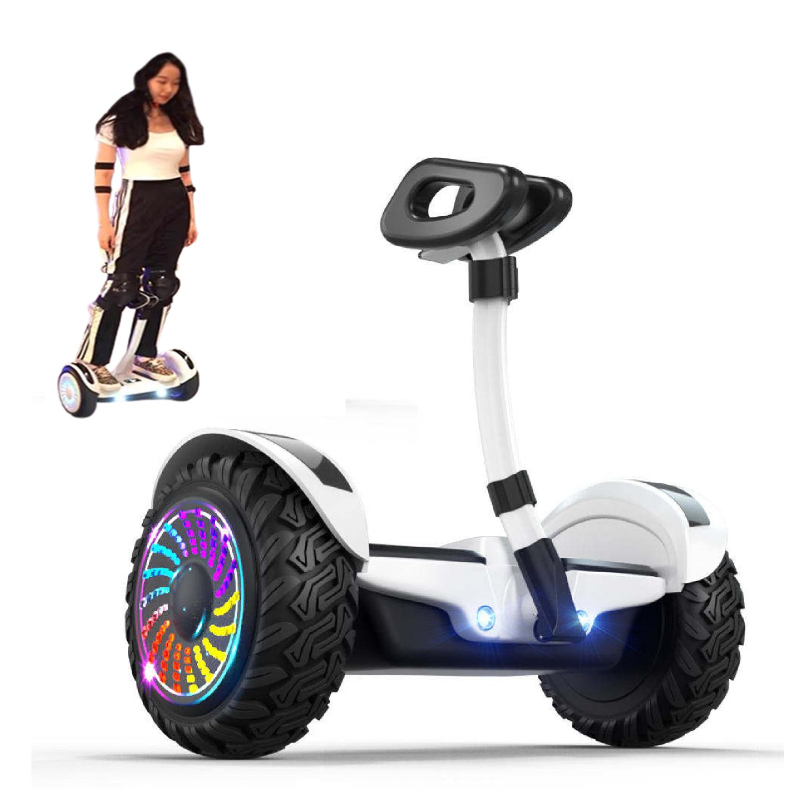 Hoverboard Da 10" Per Tutti I Terreni, Scooter Elettrico Intelligente Con Manubrio, App, 6-15 Km/H, Con Luci a LED E Doppi Motori, Portata 120 Kg White