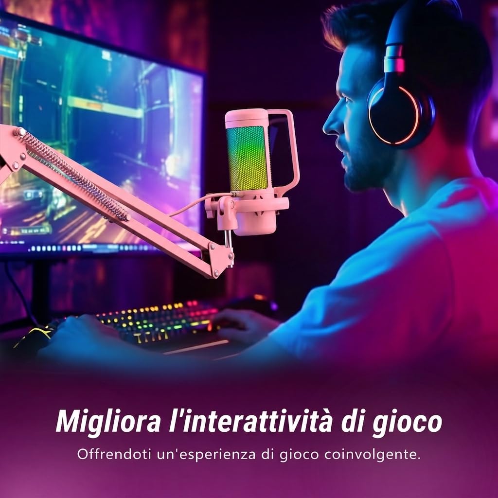TONOR Gaming Microfono, USB Mic con Supporto per Braccio, Micro a Condensatore Cardioide con RGB e Luminosità Regolabili, Mute Rapido, Controllo del Guadagno, per Streaming, Gaming,Rosa, TC310+