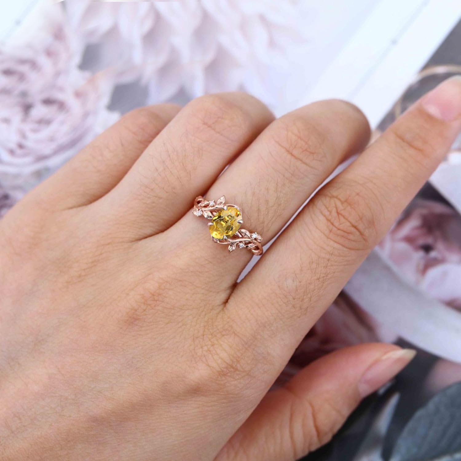 10K/14K/18K Gold 1 Carat Oval Gemstone Vintage Engagement Ring for Women Nature Inspired Birthstone Leaf Vine Art Deco Wedding Promise Anniversary Rings for Her Wife Bridal