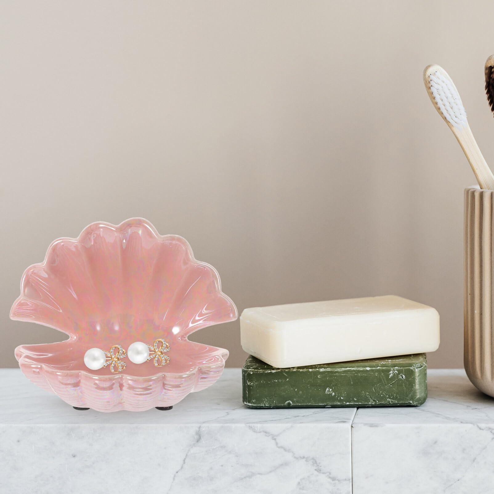 Vassoio Rosa Ceramica Forma in di Conchiglia Gioielli | Piccolo Vassoio Decorativo, Design Giocoso e Delicato, Finitura Lucida