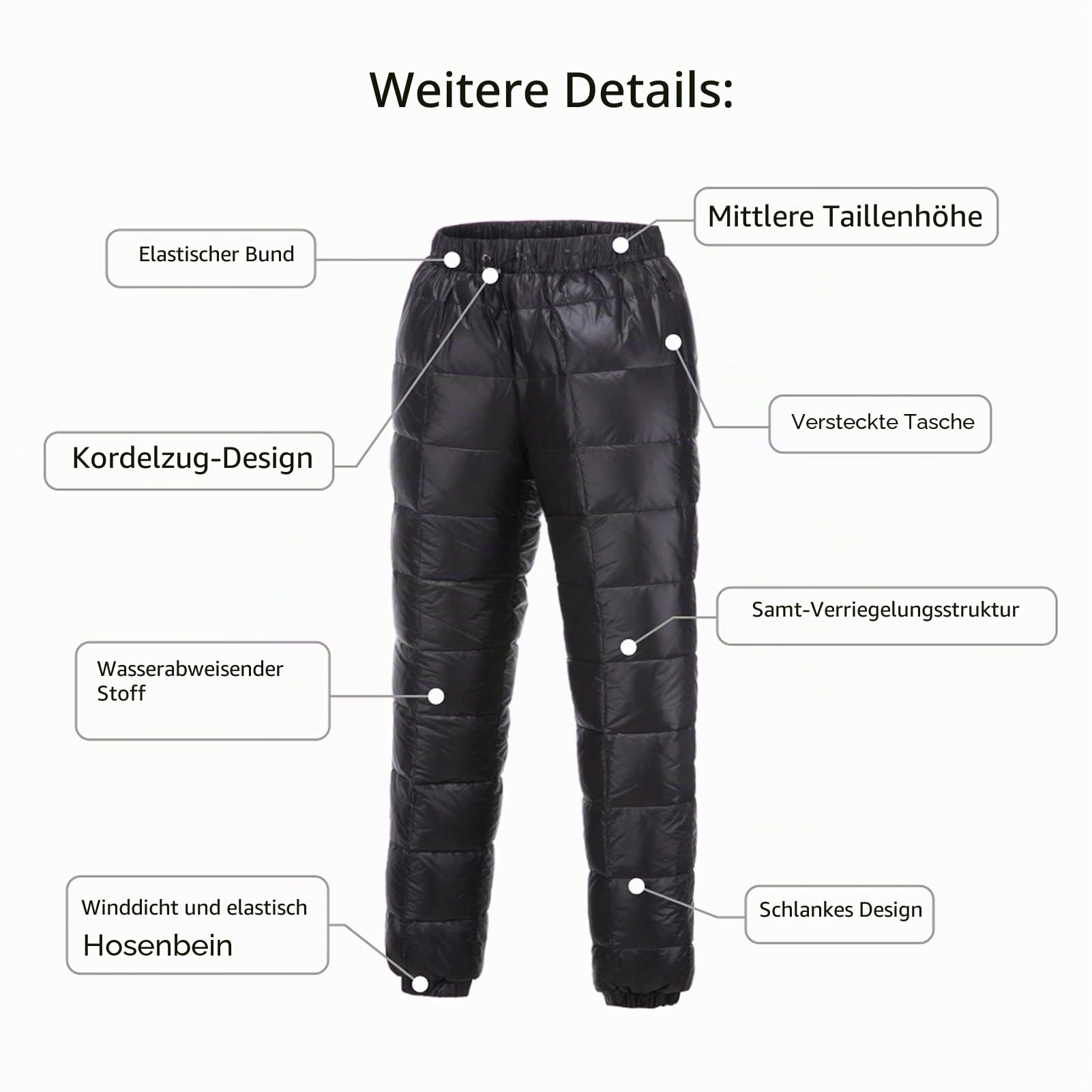 Damen Herren Winter Warme Gänse Daunenhose Ultraleichte Schneehose Kompressions-Daunenhose Outdoor Camping Isolierte Hose (Schwarz, XL)