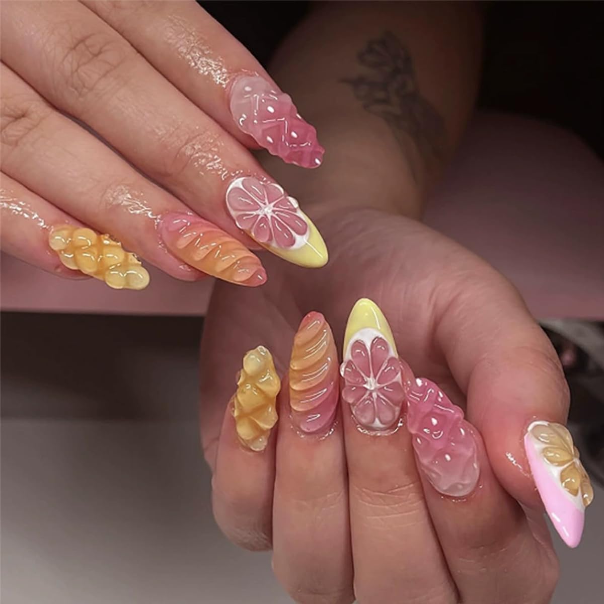 Almond Press on Nails Medium Fake Nails Yellow Pink French Tip False Nails with Designs 3D Orange Strawberry Texture Stick on Nails Glossy Full Cover